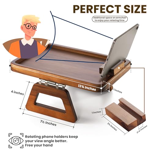 Large Acacia Sofa Arm Tray with Phone Holder