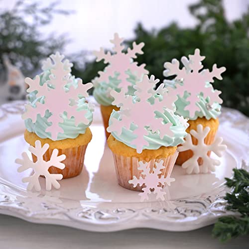 50Pcs Pink Edible Cupcake Cake Toppers Snowflake Cake Decorations for Christmas Winter Frozen Theme Party Supply Decoration (50 Count)