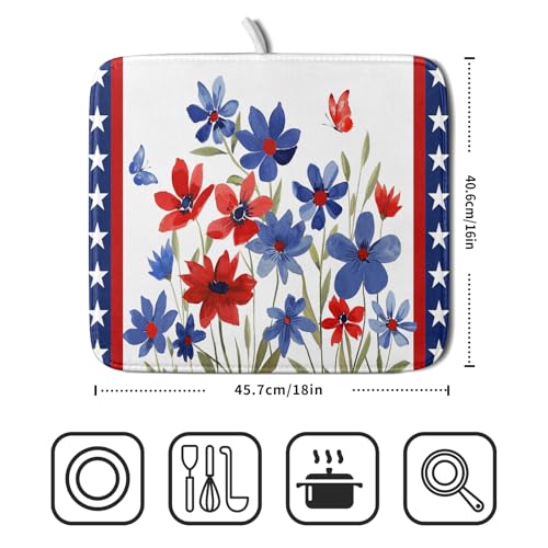 4th of July Flower Dish Drying Mat 16"x18" Independence Day Stars Dish Drainer Mats Watercolor Patriotic Floral Microfiber Dish Drying Rack Pad for Kitchen Countertop Decor