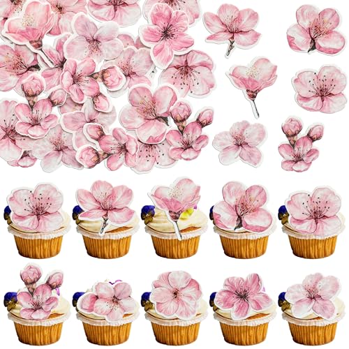 50Pcs Edible Flowers Cake Topper Cupcake Toppers Wedding Themed Party Baby Shower Birthday Party Cupcake Picks Anniversary Party Decorations Supplies Pink (50 Count)