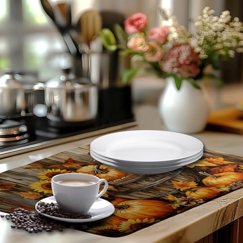 Fall Pumpkin Dish Drying Mat Autumn Maple Leaves Thanksgiving Large Kitchen Mats Dish Drying Pad Absorbent Dish Dryer Mat for Kitchen Countertops Microfiber Drainer Pad Dish Drying Mats