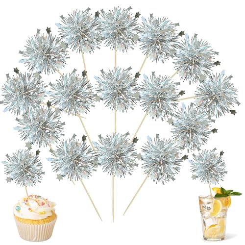 30Pcs Foil Firework Cupcake Toppers Party Birthday Cake Toppers Supplies Sparkle Tinsel Cocktail Fruit Toothpick for Birthday Wedding Graduation Party Silver (30 Count)