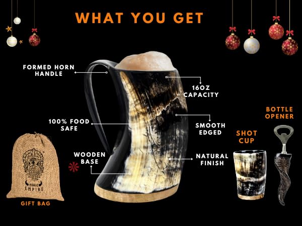 Viking Horn Mug 16oz set with Shot Glass Bottle Opener