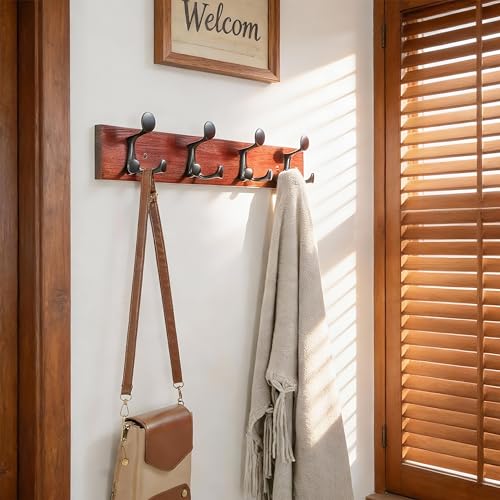 24 Inch Cherry Wood Coat Rack Wall Mount with 4 Triple Hooks