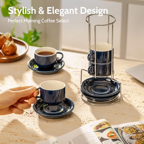 4 Ounce Porcelain Stackable Espresso Cups with Saucers and Metal Stand Set of 4 (4 Count)