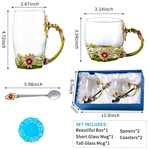 Glass Fancy Tea Cup Set Birthday Christmas Valentine's Day Gift Idea for Tea Lover and Women Novelty Coffee Mugs Rose Flower Enamel Glass Mug with Spoon Set (34.99 Count)