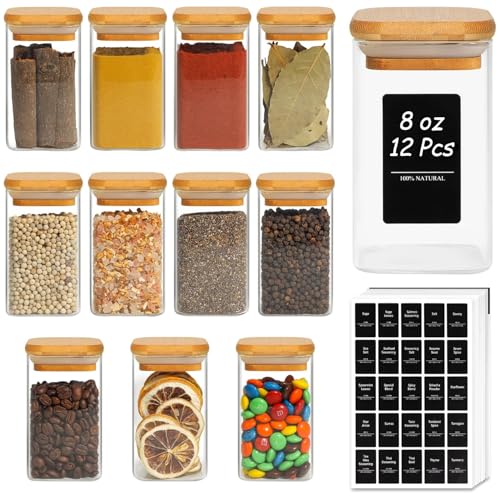 Square Glass Spice Jars with Labels 8 oz 12 Pack with Bamboo Lids (12 Count)