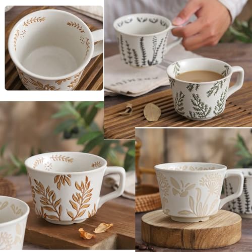 12 Ounce Ceramic Mug Set of 3 Embossed Leaf Ceramic Coffee Mugs