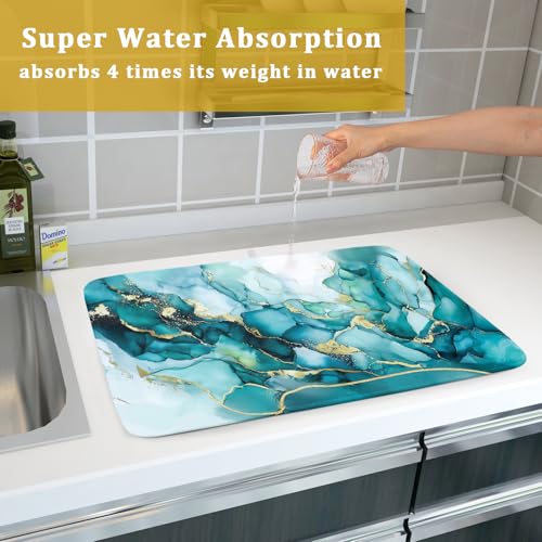 Teal Marble Dish Drying Mat Turquoise Blue Marbling Print Dish Drainer Mats 18"x24" Modern Granite Microfiber Reversible Dish Drying Rack Pad Protector for Kitchen Countertop Decor