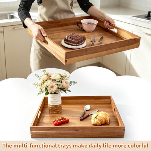 Large Wooden Serving Tray for Ottoman Wooden Ottoman Tray 20INCH Acacia Square Tray with Handles Wooden Coffee Table Tray Multi