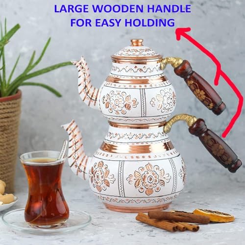 Handmade Copper Turkish Teapot Tea Kettle Pots Set for Stove Top Stovetop Decorative Infuser Vintage Antique Arabic Farmhouse Tray Cups Serving Party Moroccan Decor Style Persian Kitchen Fancy Gift (2 Count)