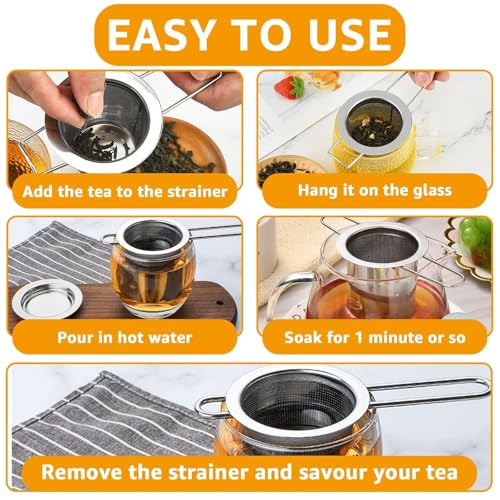 4 PCS Tea Strainer with Lid 304 Stainless Steel Tea Infuser Basket for Loose Tea Extra Fine Mesh Tea Diffuser Long Handle Tea Strainers Filters for Hanging on Teapots Mugs Cups (4 Count)