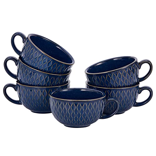Set of 6 Cups Vintage Design 12 oz Professional Barista Ceramic Latte Art Cappuccino Cups Set (6 Count)