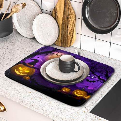 Halloween Scary Night Pumpkin Lanterns Dish Drying Mat for Kitchen Counter