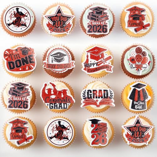48Pcs Edible Graduation Cap 2026 Cupcake Toppers Wafer Paper Grad Cap Diploma Cake Decoration Picks for 2026 Grad Theme Party Cake Decor Supplies Black Red (48 Count)