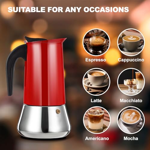 4 Cup Stovetop Espresso Maker Stainless Steel Moka Pot Stove Top Percolator Italian Coffee Makers Capable Mocha Greca Machine Cafe Classic Induction Cookers for Home and Camping 200ml 6.6oz