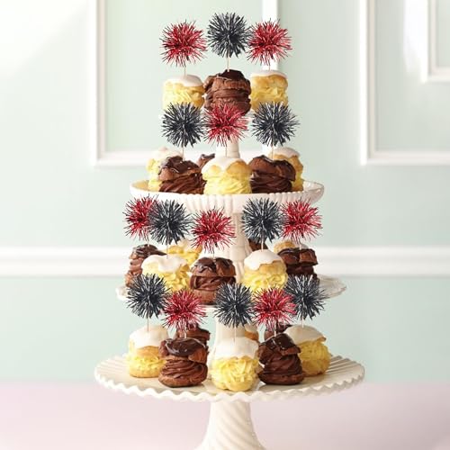 40 PCS Foil Firework Cupcake Toppers Sparkle Tinsel Cupcake Picks Fireworks Birthday Party Decorations Cocktail Fruit Toothpick for Birthday Wedding Graduation Party Decorations Supplies Black Red (40 Count)