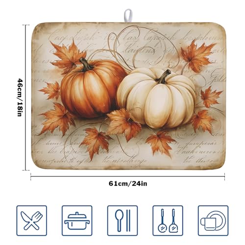 Fall Pumpkin Dish Drying Mat 18”x24”Vintage Autumn Drying Mat for Kitchen Counter Absorbent Maple Leaf Fall Thanksgiving Farmhouse Dishes Pad Drainer Mat Countertop Protector for Kitchen Fast Dry