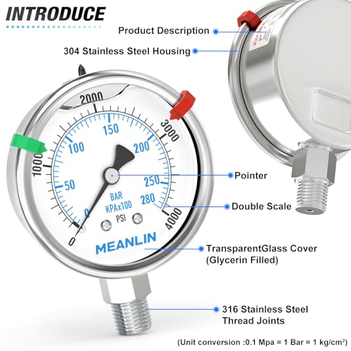 0~4000Psi Stainless Steel Liquid Filled Pressure Gauge 2.5" FACE DIAL 1
