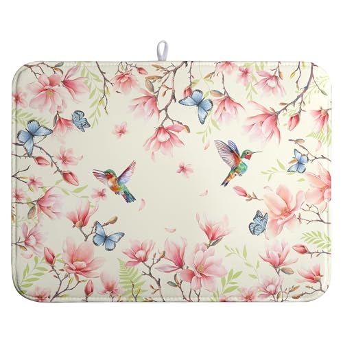 Spring Flowers Floral Dish Drying Mats Spring Summer Hummingbird Dish Mat Drying Matt Butterfly Dishes Dryer Pad for Kitchen Counter Absorbent Microfiber Washable Foldable Reusable 18x24 in