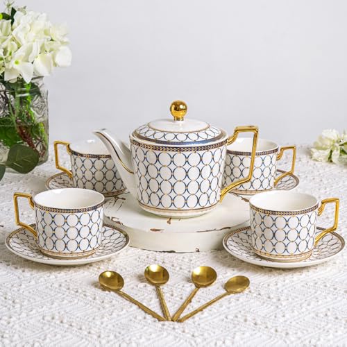 7 Oz Bone China Blue Tea Cup and Saucer Service for 4 (13 Count)