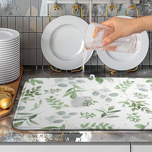 Summer Sage Green Leaves Dish Drying Mat Spring Eucalyptus Leaf Kitchen Dish Drying Pad Absorbent Dish Dryer Mat for Kitchen Countertops Microfiber Dishes Drainer Pad Dish Drying Rack Mat