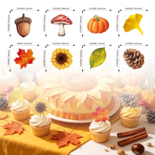 72PCS Edible Fall Leaves Cupcake Toppers Wafer Paper Autumn Maple Leaves Cake Decorations Edible Ginkgo Leaf Acorn Mushroom Sunflower Cake Picks for Thanksgiving Birthday Party Decorations