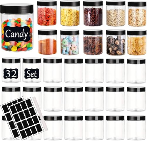 Plastic Jars with Lids Empty Slime Cosmetics Containers Clear Gift Food Jars Round PET Cream Jar with Black Lids Pen Labels for Kitchen Storage Spices Dry Food Body Butter Making (32 Count)