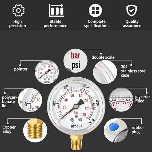 0 2000 Psi Glycerin Liquid Filled Hydraulic High Pressure Gauge