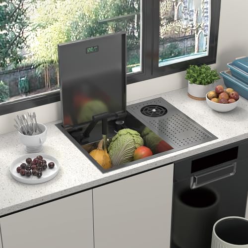 Topmount Bar Sink 21.6 x 17.7 Inch Stainless Steel Single Bowl Workstation Kitchen Sink with Press Cup Washer and Swivel Folding Faucet