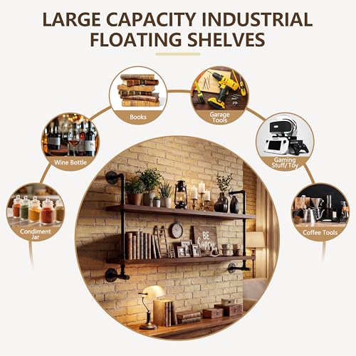 LED Floating Book Shelves for Wall Industrial Pipe Shelving 48 inch