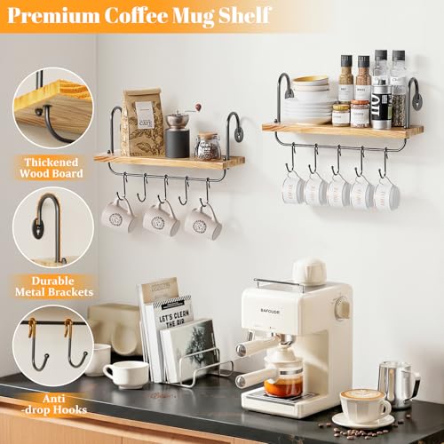 Floating Wall Shelves for Kitchen Bathroom Coffee Nook with 10 Adjustable Hooks for Coffee Mugs (2 Count)