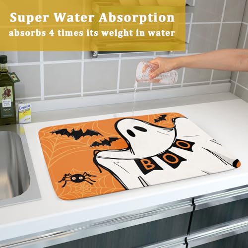 Orange Halloween Dish Drying Mat Spooky Boo Ghost Black Bats Dish Drainer Mats 18"x24" Spider Web Microfiber Reversible Dish Drying Rack Pad Protector for Kitchen Countertop Large Decor