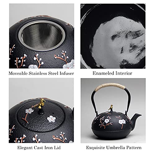 Cast Iron Teapot SECHUDO Teapot for Stovetop Safe Coated with Enameled Interior