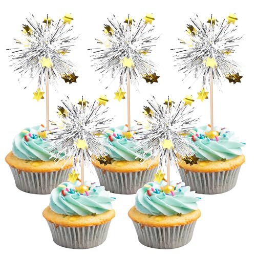 30 PCS Foil Firework Cupcake Toppers Happy Birthday Star Cupcake Picks Sparkle Tinsel Drink Stirrers Cocktail Fruit Toothpicks for Valentine's Day Wedding Birthday Party Decorations Supplies Silver (30 Count)
