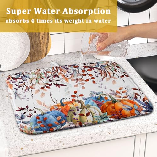 Orange and Blue Autumn Pumpkins Dish Drying Mat for Kitchen Counter