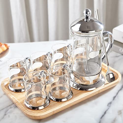 Silver French Press Set with 6 Cups & Tray