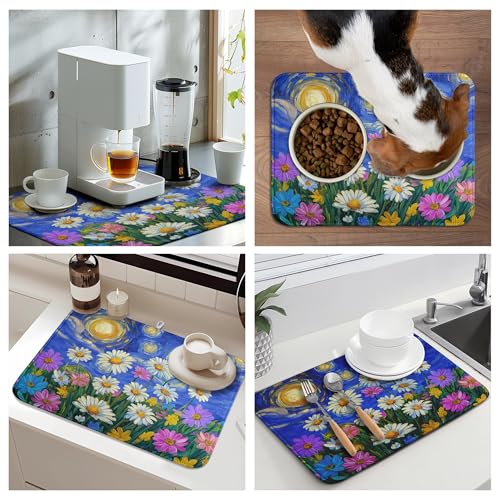 Spring Summer Daisy Floral Dish Drying Mats Spring Flowers Dish Mat Drying Matt Starry Sky Dishes Dryer Pad for Kitchen Counter Absorbent Microfiber Washable Foldable Reusable 18x24 in