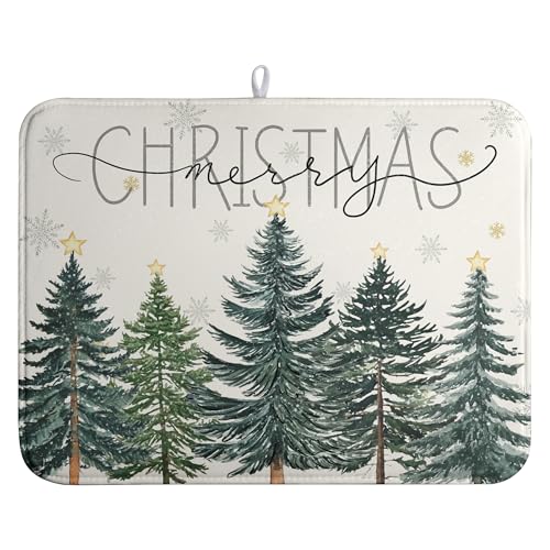 Merry Christma Trees Dish Drying Mat Winter Forest Large Kitchen Mats Dish Drying Pad Xmas Snow Absorbent Dish Dryer Mat for Kitchen Countertops Microfiber Drainer Pad Dish Drying Mats
