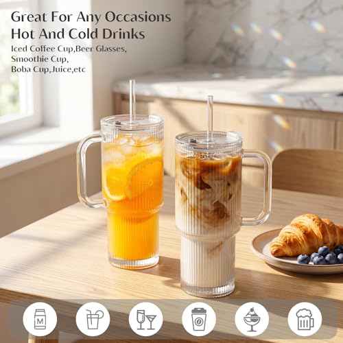 24 oz Ribbed Glass Tumbler with Handle & Lid