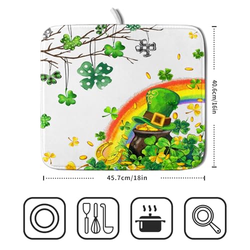 St Patrick Dish Drying Mat Small Lucky Clover Tree Shamrock Dish Drainer Mats 16x18inch Spring Elf Hat Rainbow Colorful Fast Drying Absorbent Dish Drying Pad for Kitchen Counter Decor
