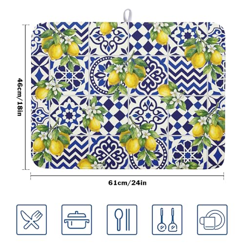 Lemon and Blue Tile Dish Drying Mat 18x24 Inch Absorbent Reversible Mexican Tilt Drying Mat Blue White Italy Lemons Dish Drying Rack Mat Summer Themed Dish Drainer Mat for Kitchen Counter Coffee Bar