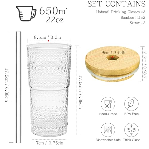 2 Pack 20oz Hobnail Drinking Glasses with Bamboo Lids and Glass Straw (2 Count)