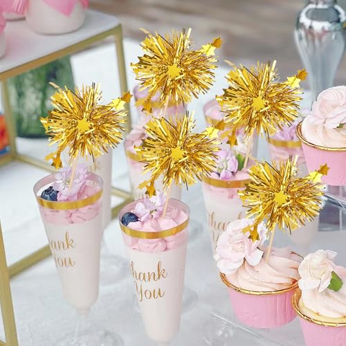 30 PCS Foil Firework Cupcake Toppers Star Cupcake Picks Sparkle Tinsel Flower Drink Stirrers Cocktail Food Fruit Toothpicks for Baby Shower Wedding Birthday Party Cake Decorations Supplies Gold (30 Count)