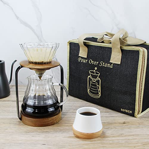 Pour Over Coffee Station Dripper Stand Coffee Filter Wooden Filter Holder Glass Server with Paper Coffee Filters