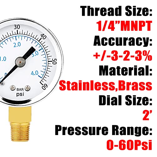 1 4" NPT Pressure Gauge 60Psi Steel Economical All Purpose with Brass Internals 2" Dial Display Bottom Mount