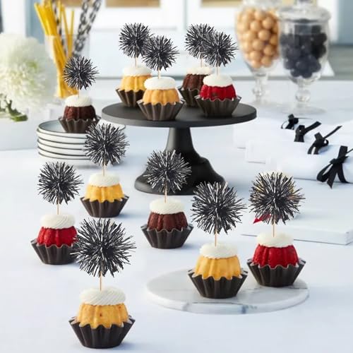 40 PCS Black Foil Firework Cupcake Toppers Sparkle Tinsel Cupcakae Picks Sparkler Fireworks Party Decorations Cocktail Fruit Toothpick for Birthday Wedding Graduation Party Decorations Supplies (40 Count)