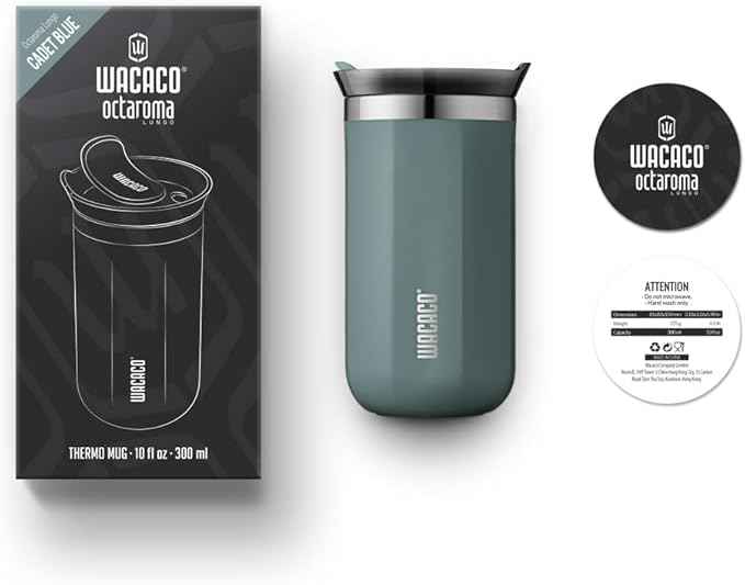WACACO Octaroma Lungo Vacuum Insulated Coffee Mug, Double-wall Stainless Steel Travel Tumbler With Drinking Lid, 10 fl oz(300ml), Cadet Blue