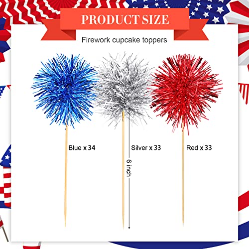 100 Pcs 4th of July Foil Firework Cupcake Toppers Sparkle Tinsel Cake Toppers Cake Decoration Cocktail Fruit Toothpick for Birthday Wedding Graduation Party