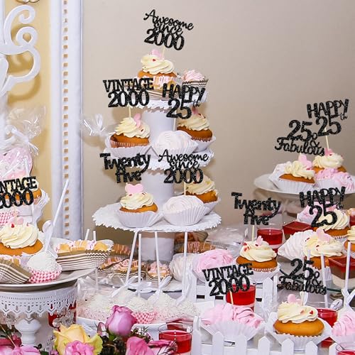 30Pcs Vintage 2000 Cupcake Toppers Glitter 25th Birthday Cake Decorations